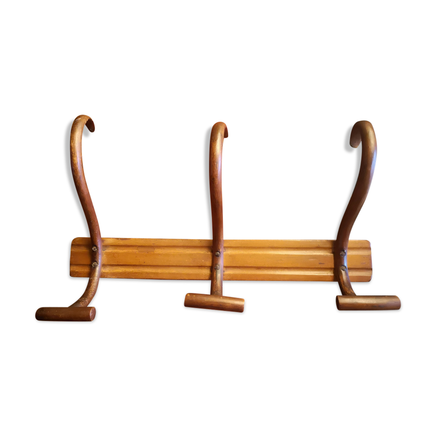 Bistro wall coat rack/hats - 3 curved wooden hooks - Signed Thonet - 1940s/50s