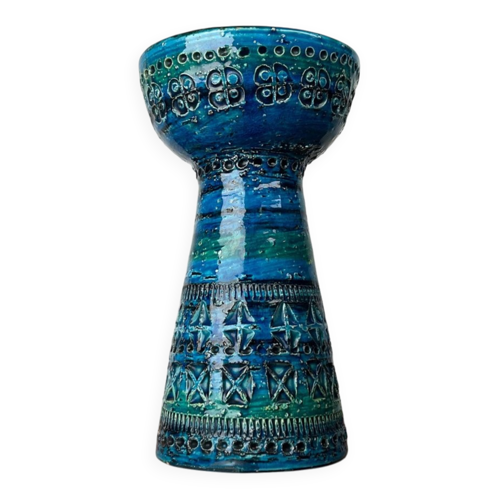 Bougeoir en céramique bleu Rimini moderne du milieu du siècle par Aldo Londi pour Bitossi, Italie, années 1960