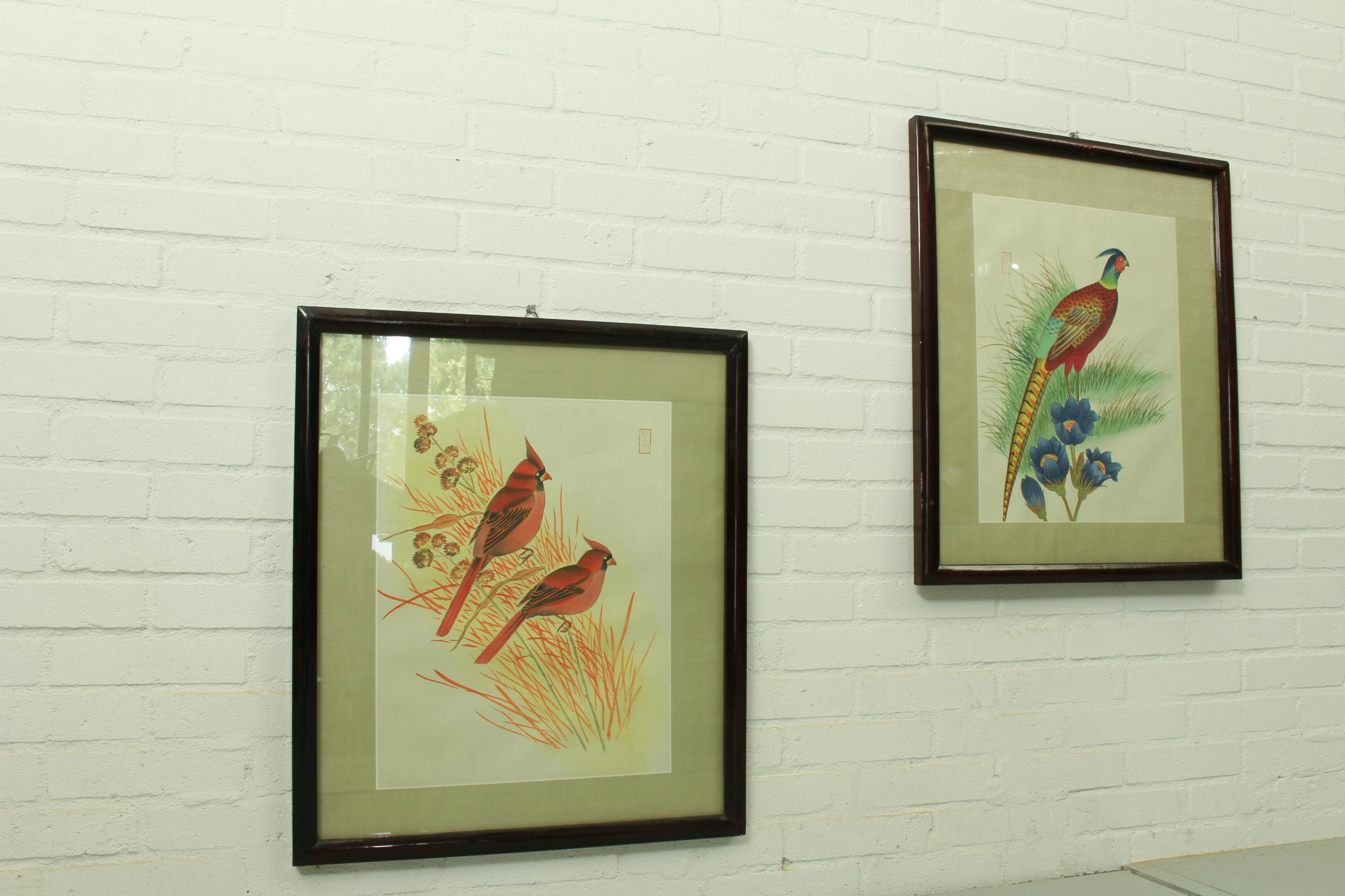 Antique asian painting on rice paper in high quality wood frames, c 1910s