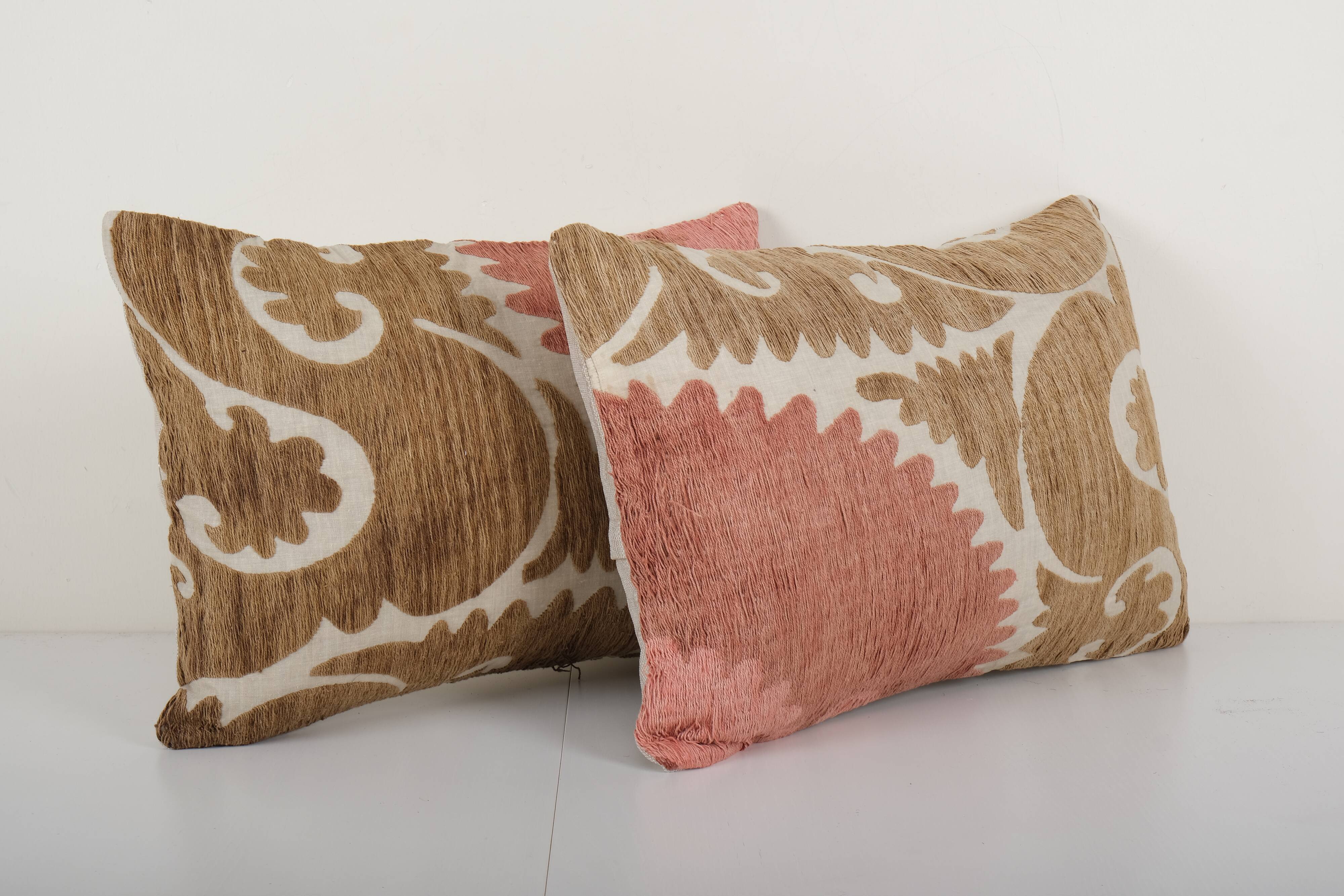 Pink suzani pillow cases fashioned from a vintage suzani, set of two muted brown suzani pillow, lumb