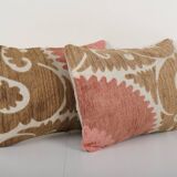 Pink suzani pillow cases fashioned from a vintage suzani, set of two muted brown suzani pillow, lumb