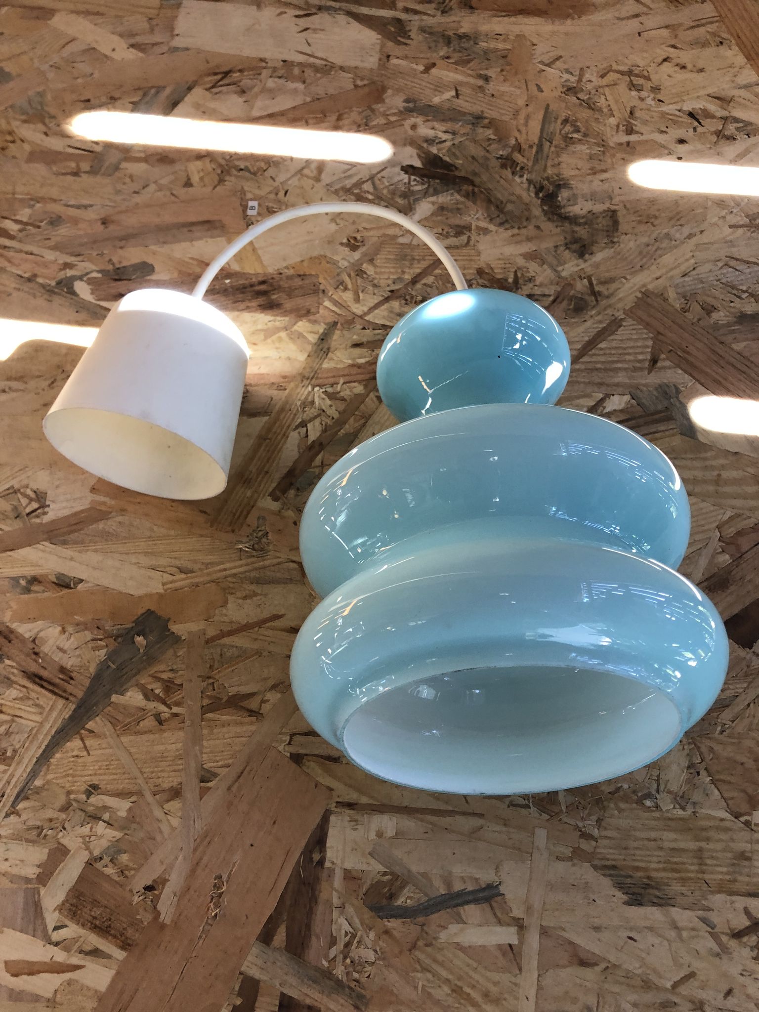 Old Suspension Opaline Blue + Thread White Decoration 70s Vintage