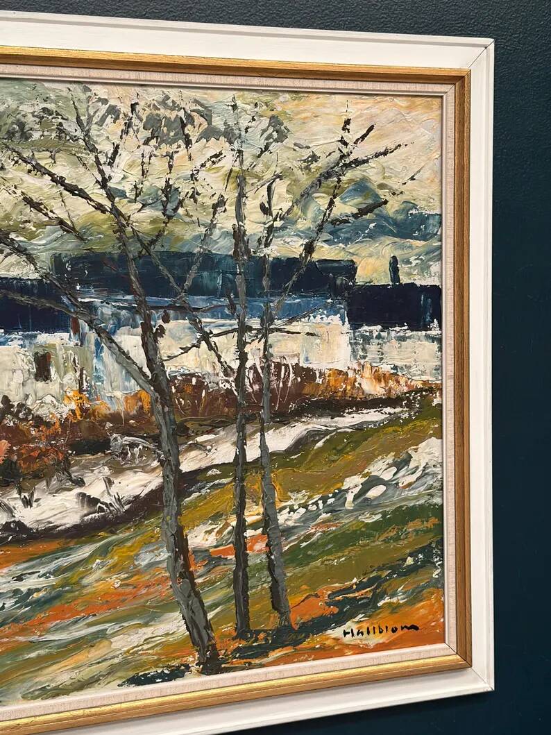 Large Original Swedish Oil on Panel – “Landscape with Houses and Trees” by Stig Hallblom – Signed – Vintage & Framed 90×59.5cm (35.4"×23.4")