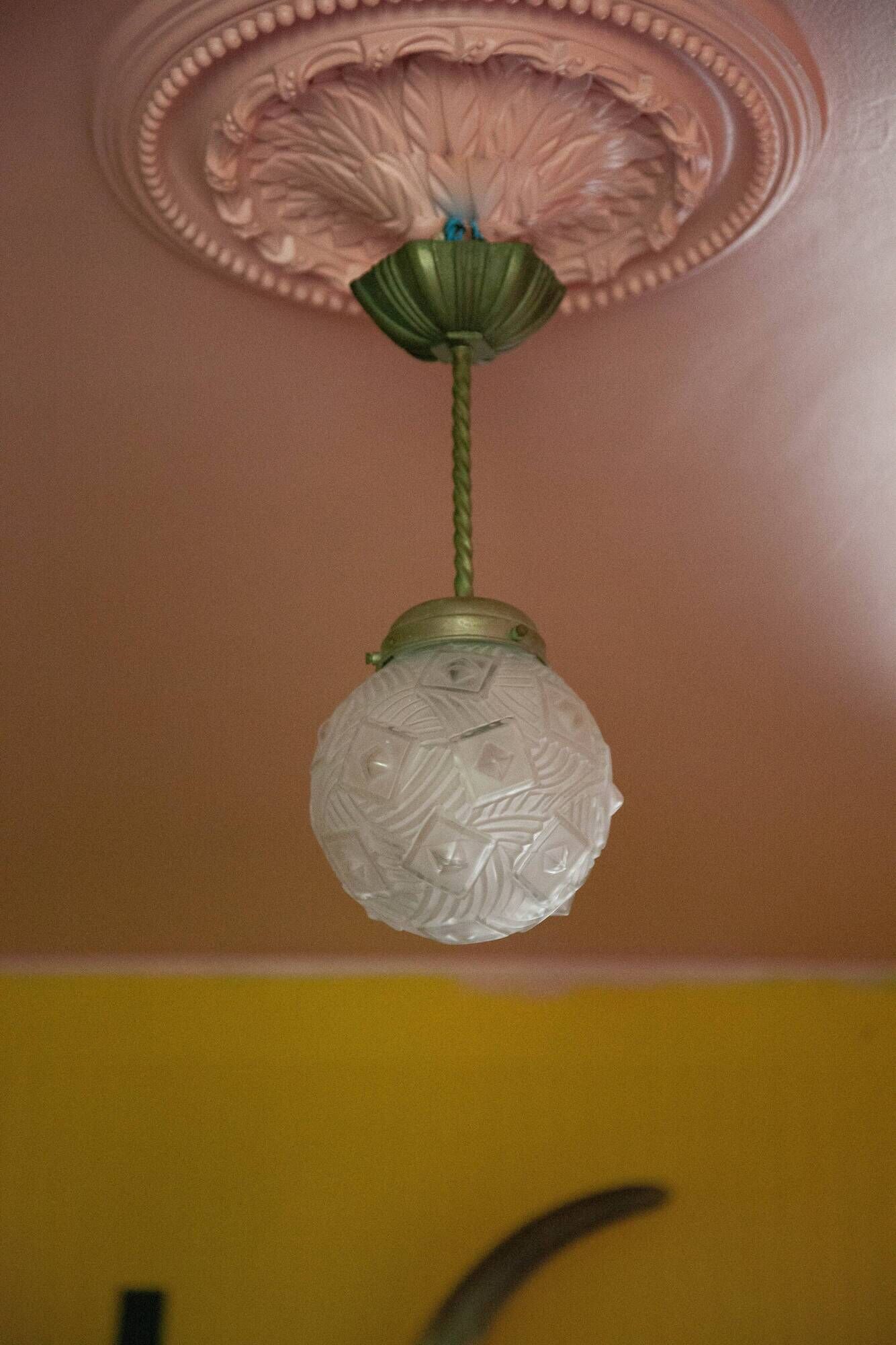 Art deco pendant lamp, art deco molded glass ball suspension, ceiling lamp, 30's