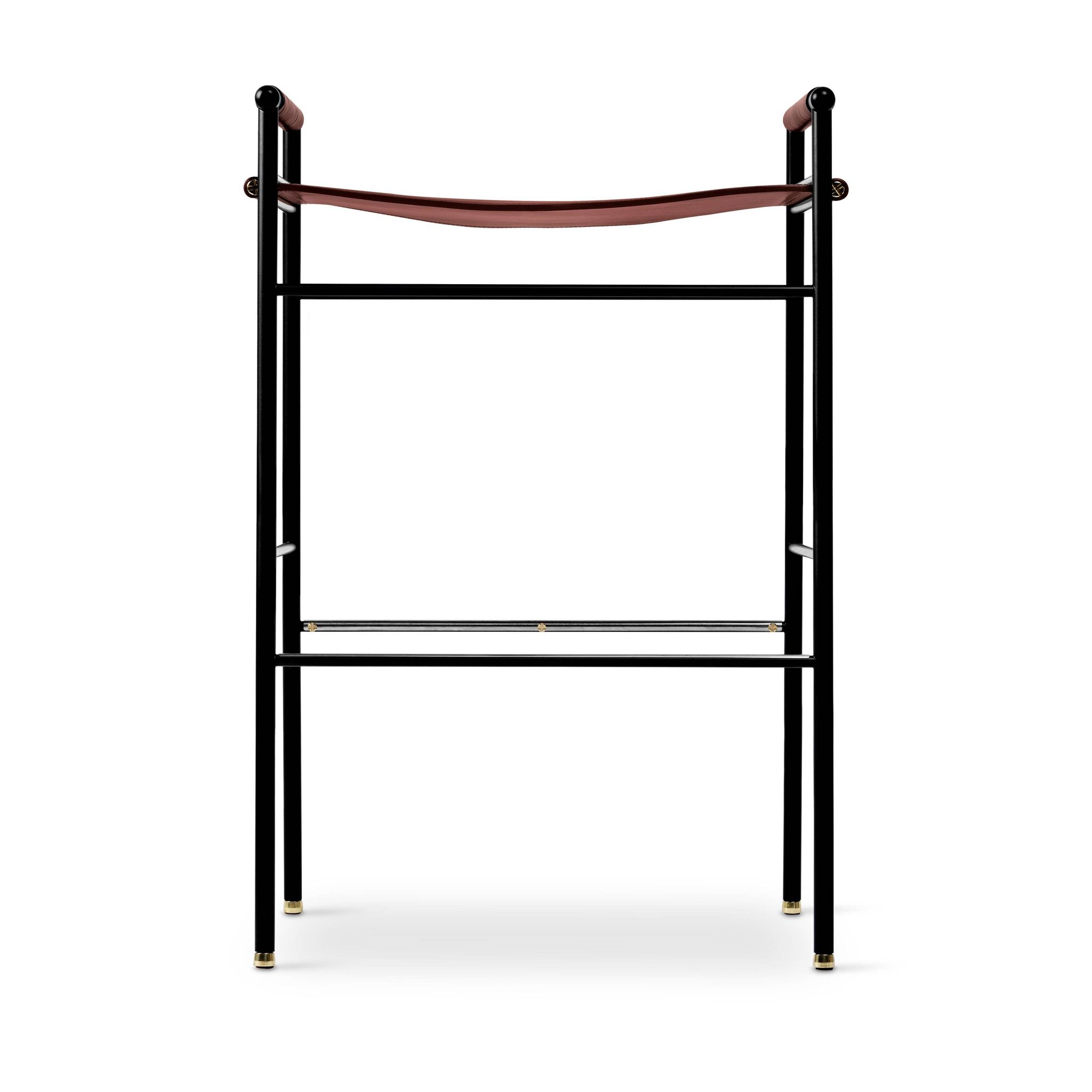 Set of 5 contemporary artisan bar stools in cognac leather and black rubber metal.