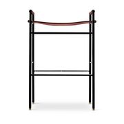 Set of 5 contemporary artisan bar stools in cognac leather and black rubber metal.