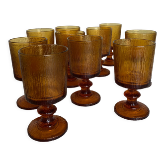 Set de 10 verres 1970 en verre moulé bois d'arbre