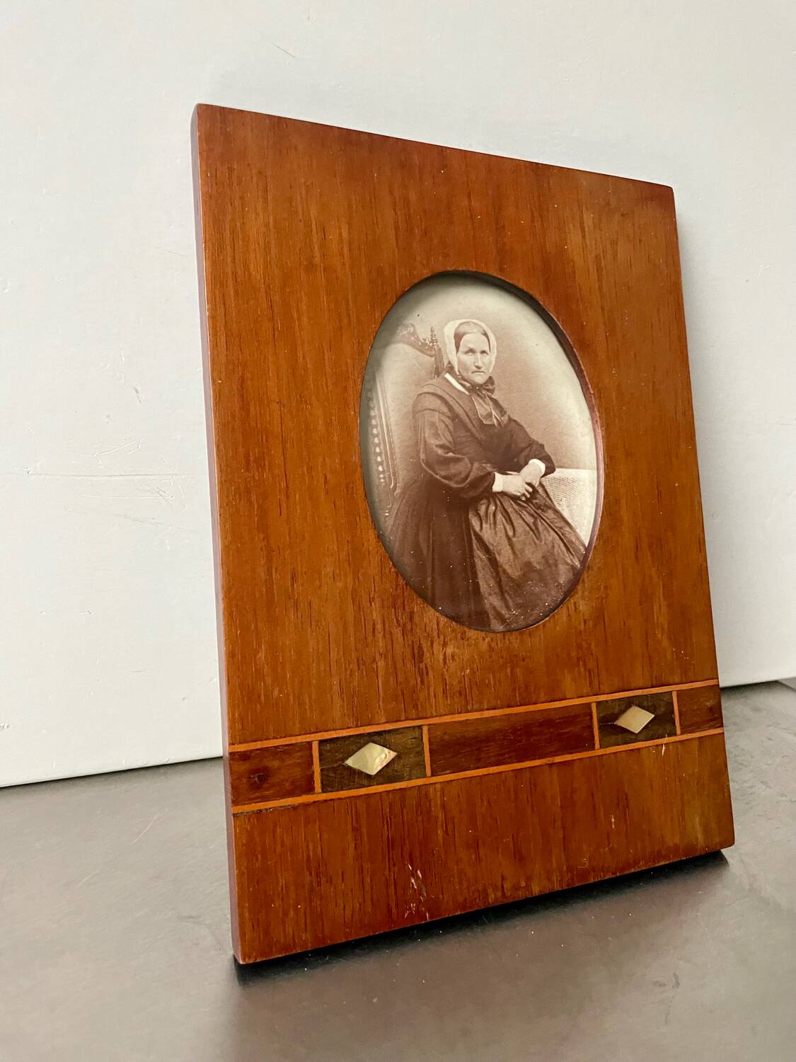 Antique Wood & mother of pearl Picture Frame with  intarsia