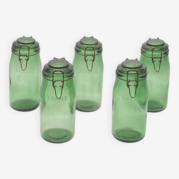 Set of L'ideal jars, old, glass / green