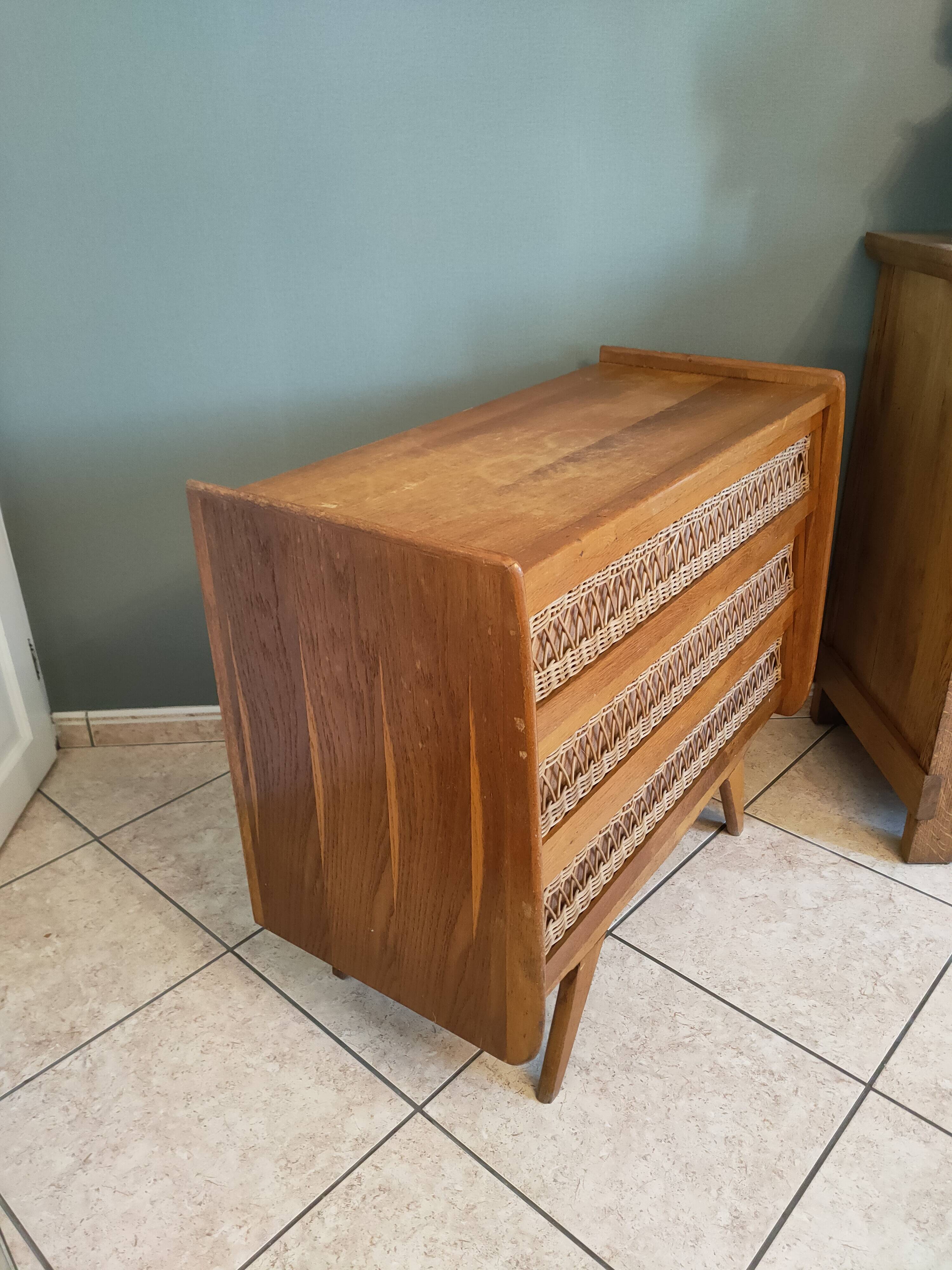 Vintage rattan and oak chest of drawers from the 1960s