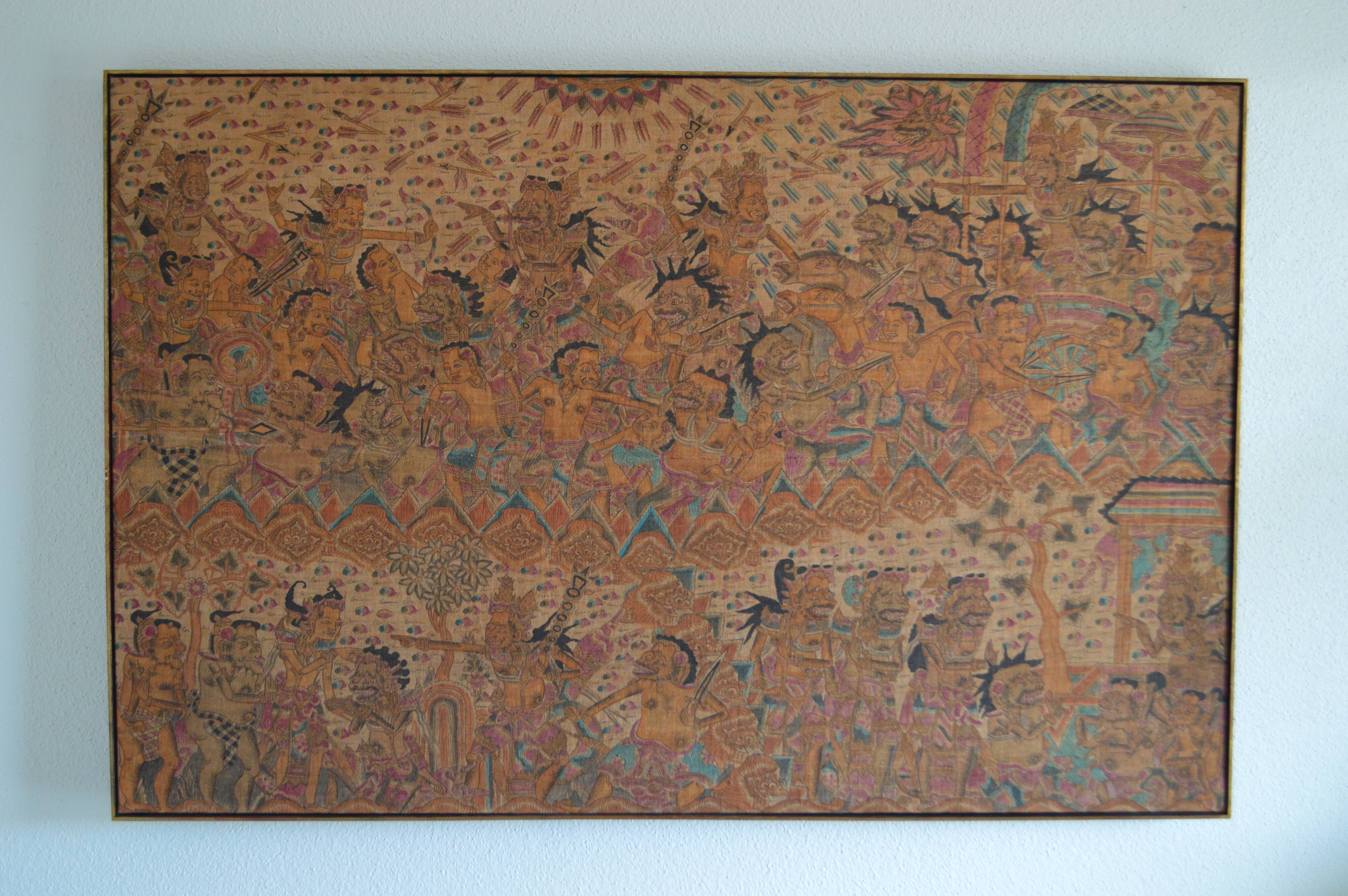 Large traditional Balinese painting on Kamasan Wayang vintage fabric.