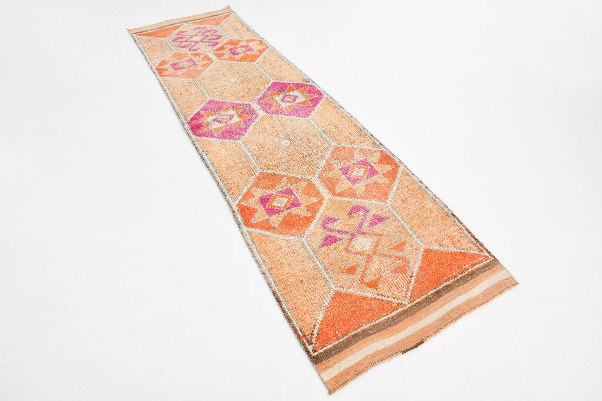 3x10 Vintage Pink & Orange Turkish Runner Rug, 88x323Cm