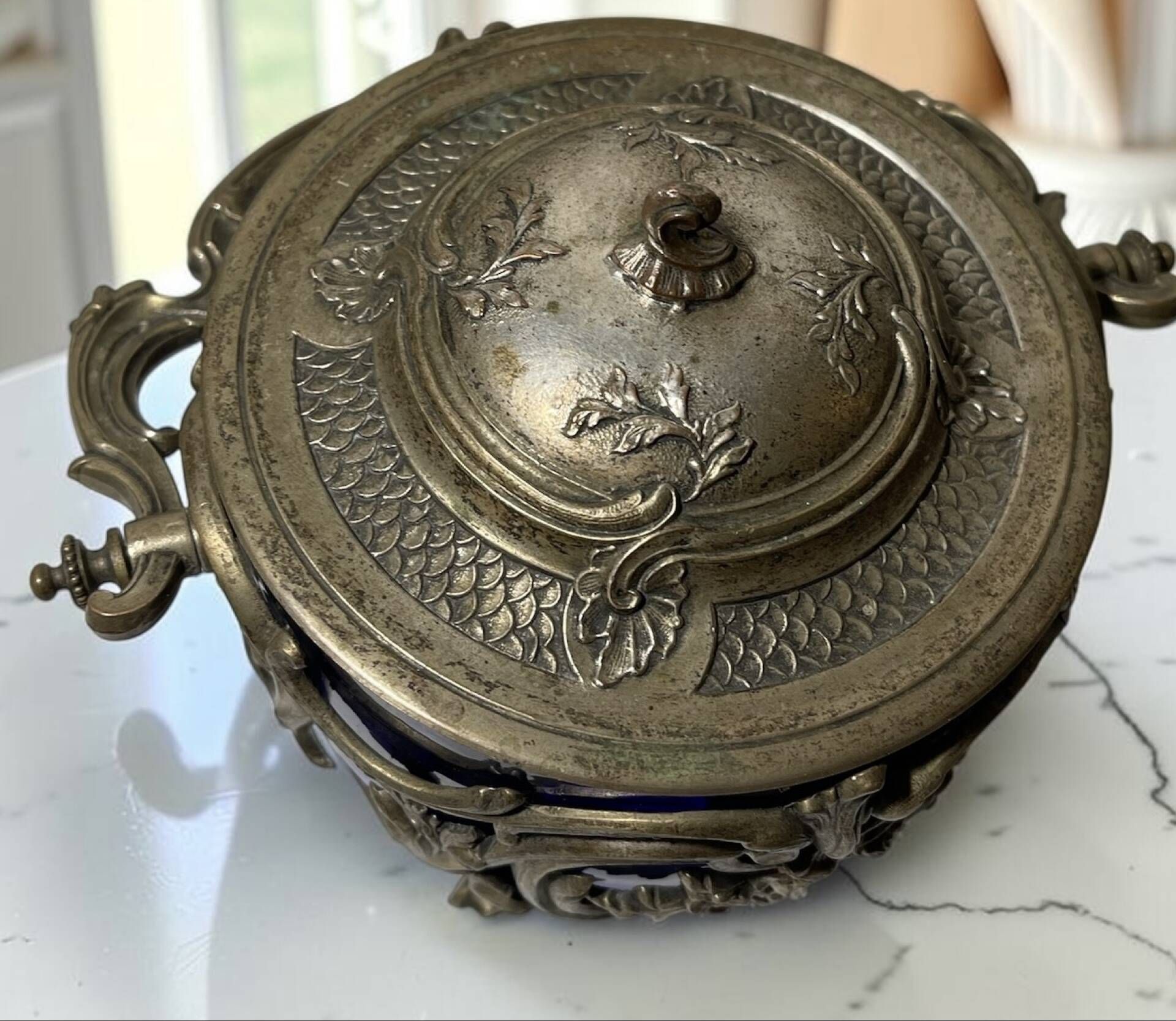 Antique cobalt blue glass biscuit barrel with ornate metal – Louis style