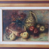 Tableau ancien nature morte dame jeanne et pommes