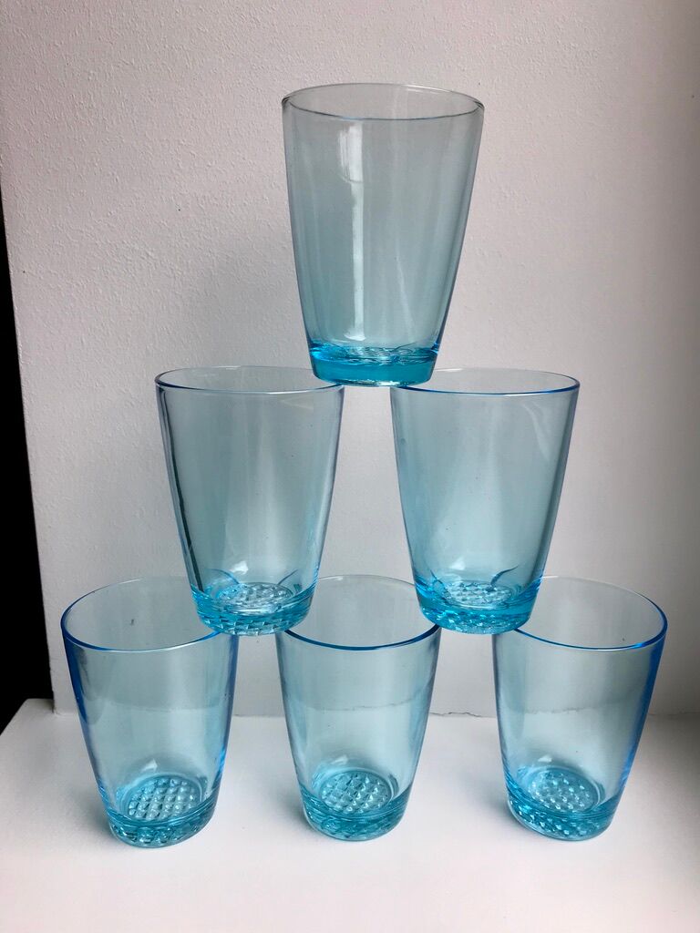 set of 6 water glasses Made in France blue glass 70s