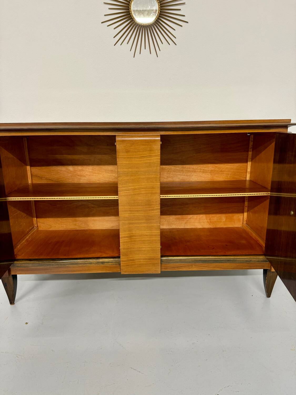 Antique art deco sideboard from the 1930s with veneered wood and bronze insert