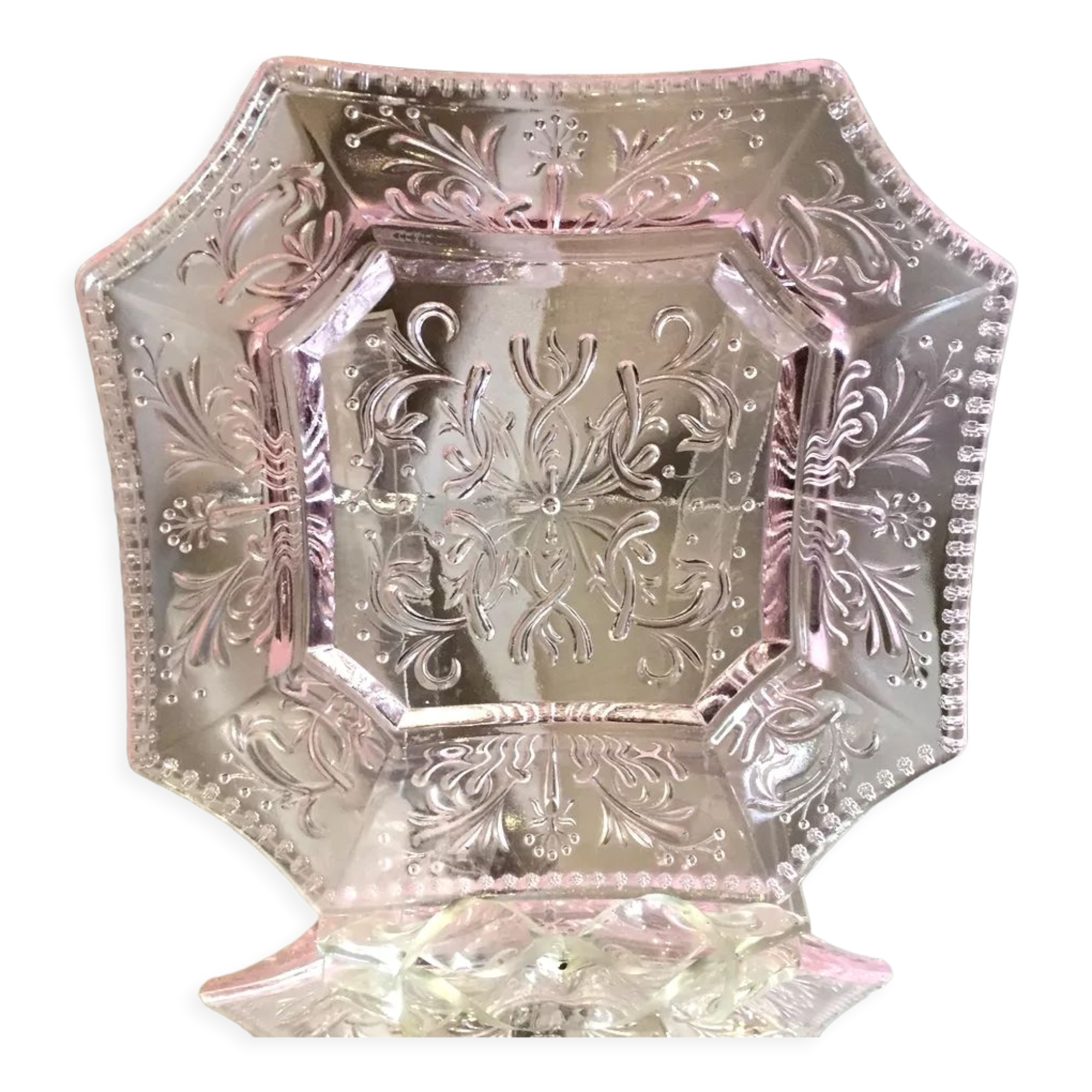 Octagonal plate pink glass portieux decor foliage decor pearl