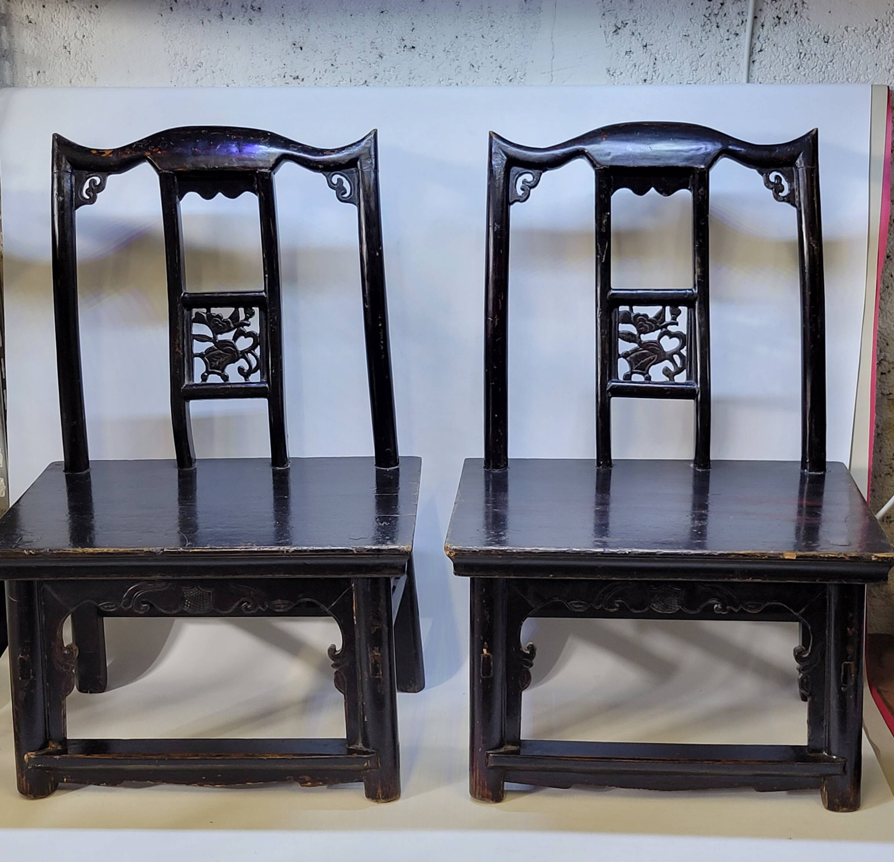 Pair of old chairs armchairs 19th century Chinese stools in black lacquered wood