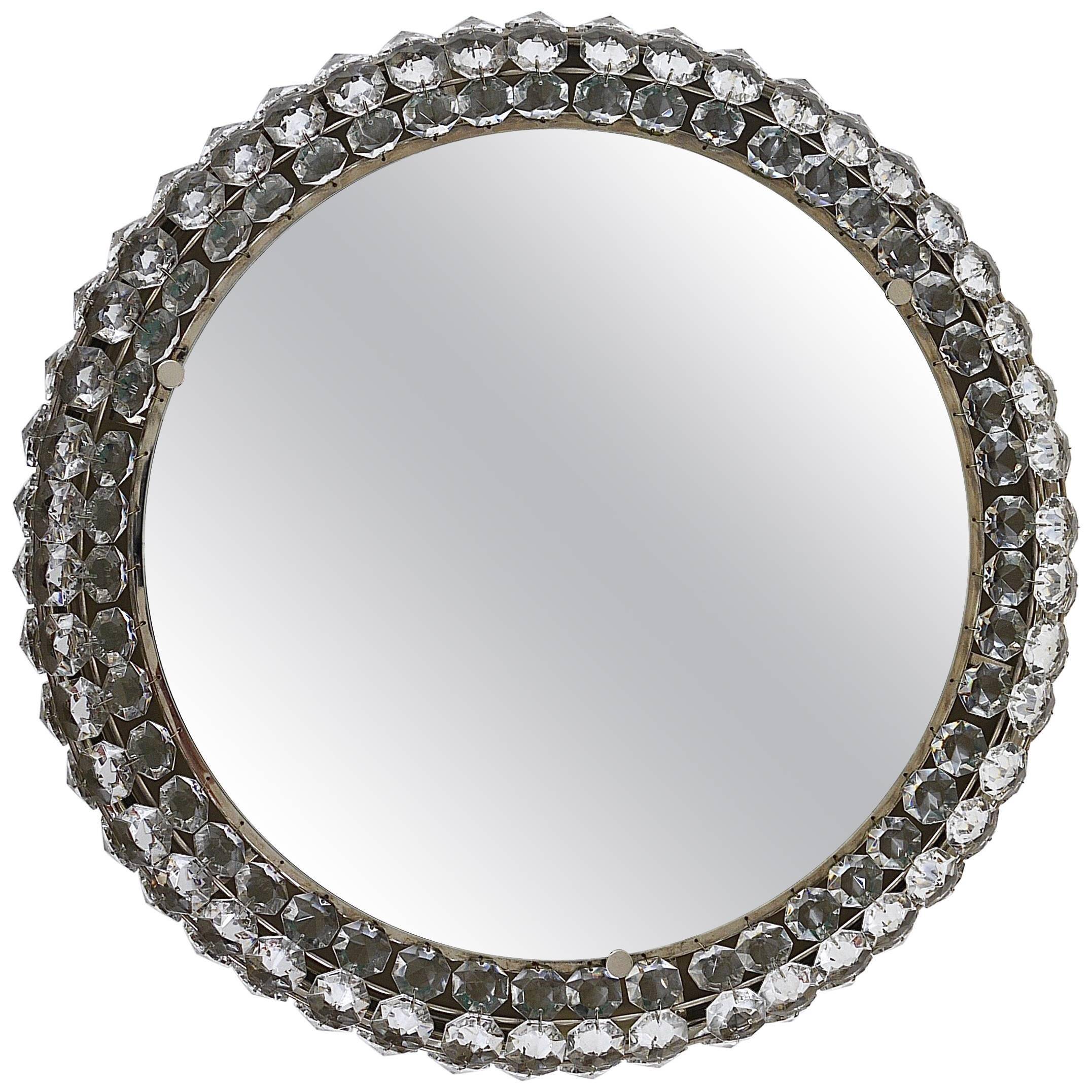 Backlit circular wall mirror Bakalowits Vienna with large crystals, Austria, 1950s