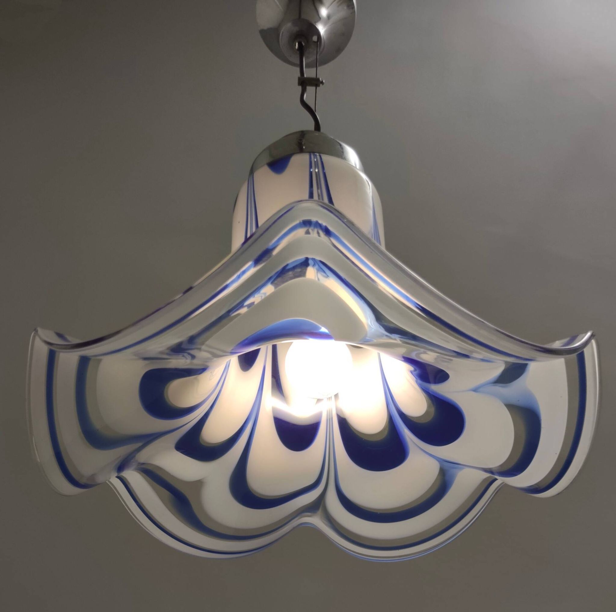 Blue & White Murano Glass Bell Pendant Ascribable to Mazzega, Italy, 1970s