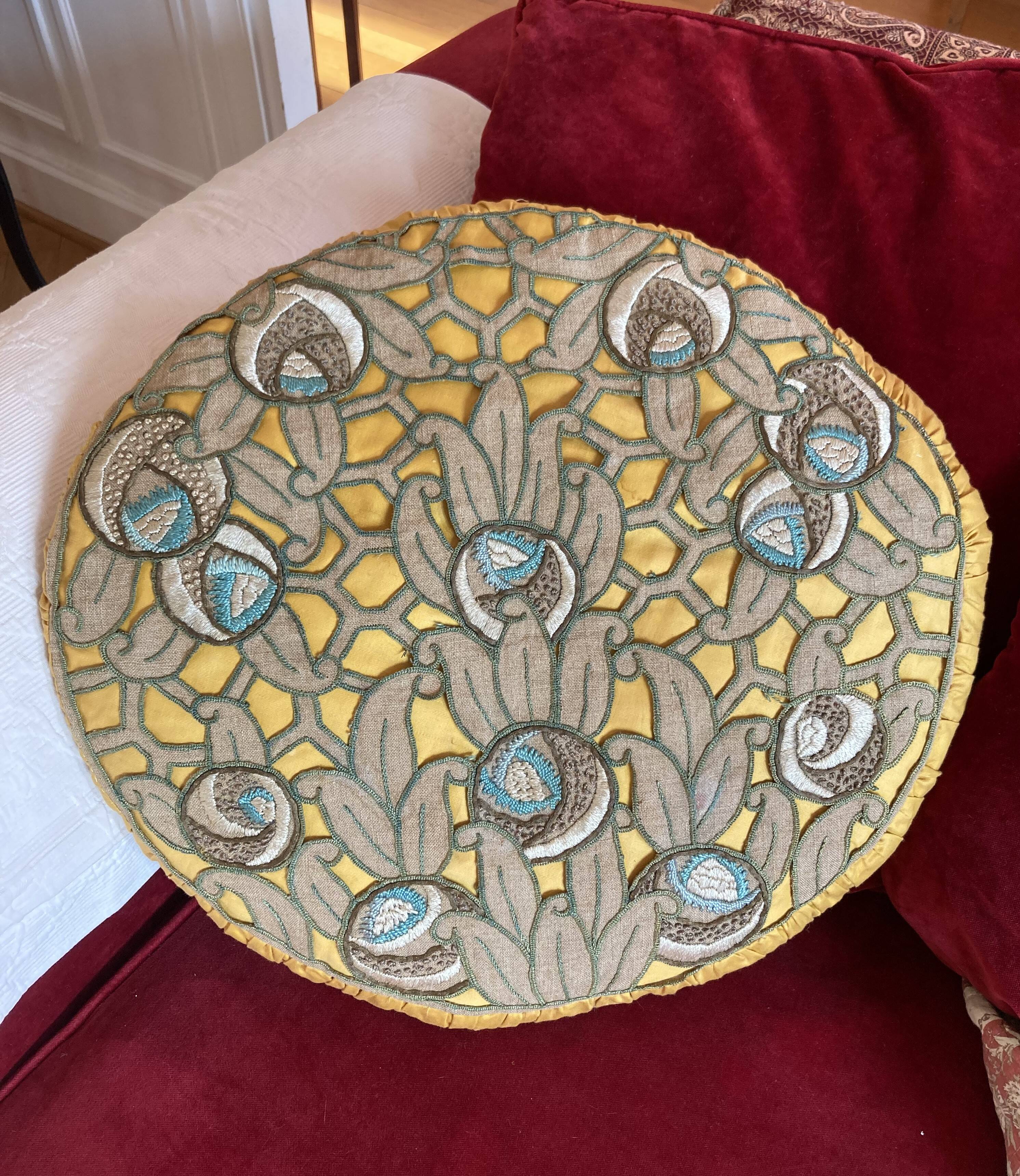 Large round Art Deco embroidered cushion