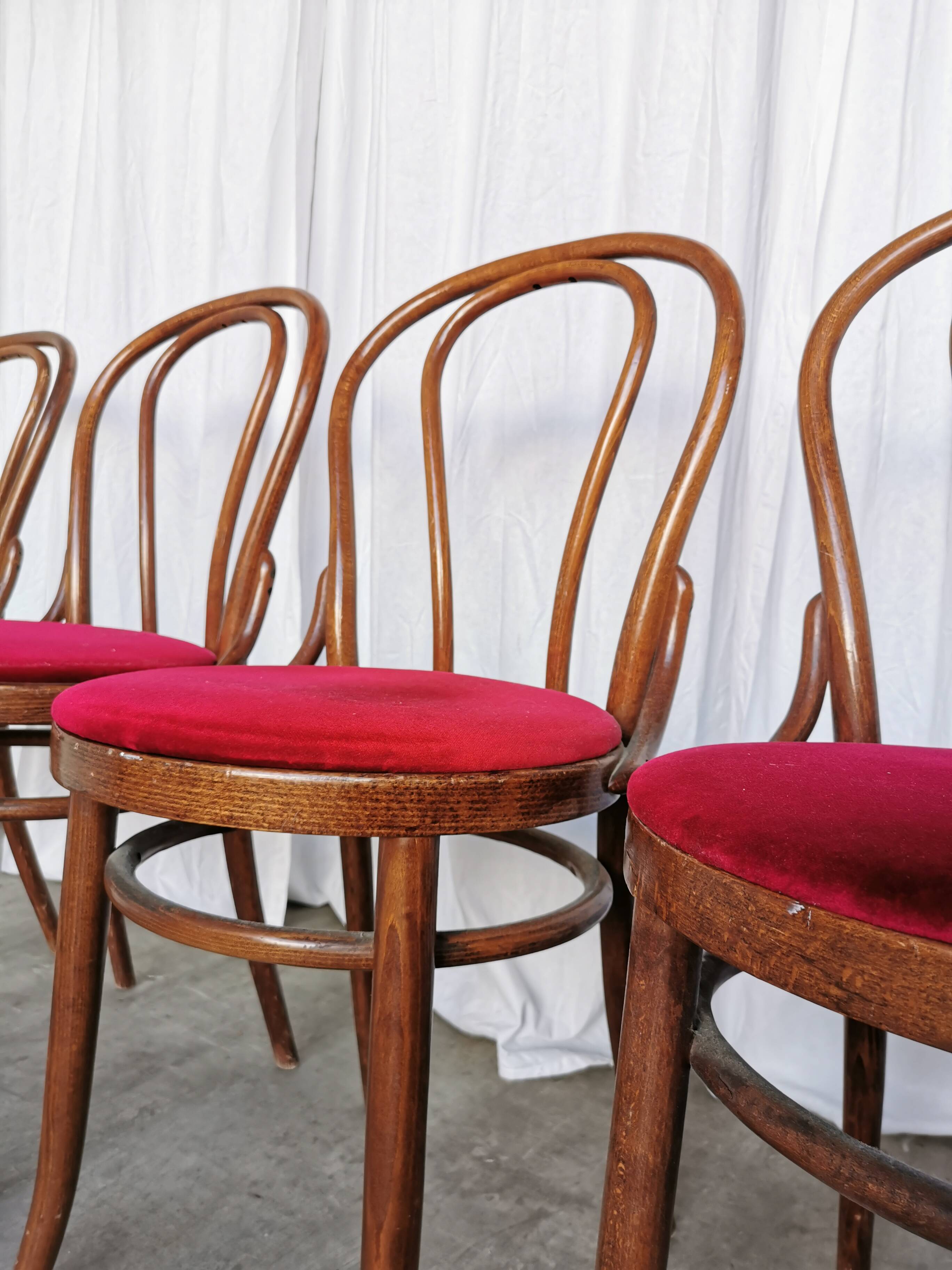 Set of 4 Vintage Bentwood Bistro Chairs, Red Upholstery