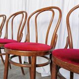 Set of 4 Vintage Bentwood Bistro Chairs, Red Upholstery