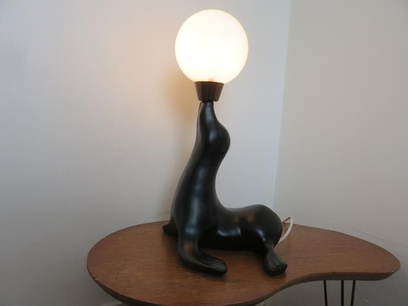 Lamp " black sea lion " white opaline ball 70s