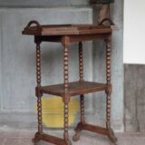 Vintage turned wood dessert trolley, wheeled table with removable top.