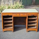 Wooden desk with curtains and sliding drawers, storage unit, vintage desk