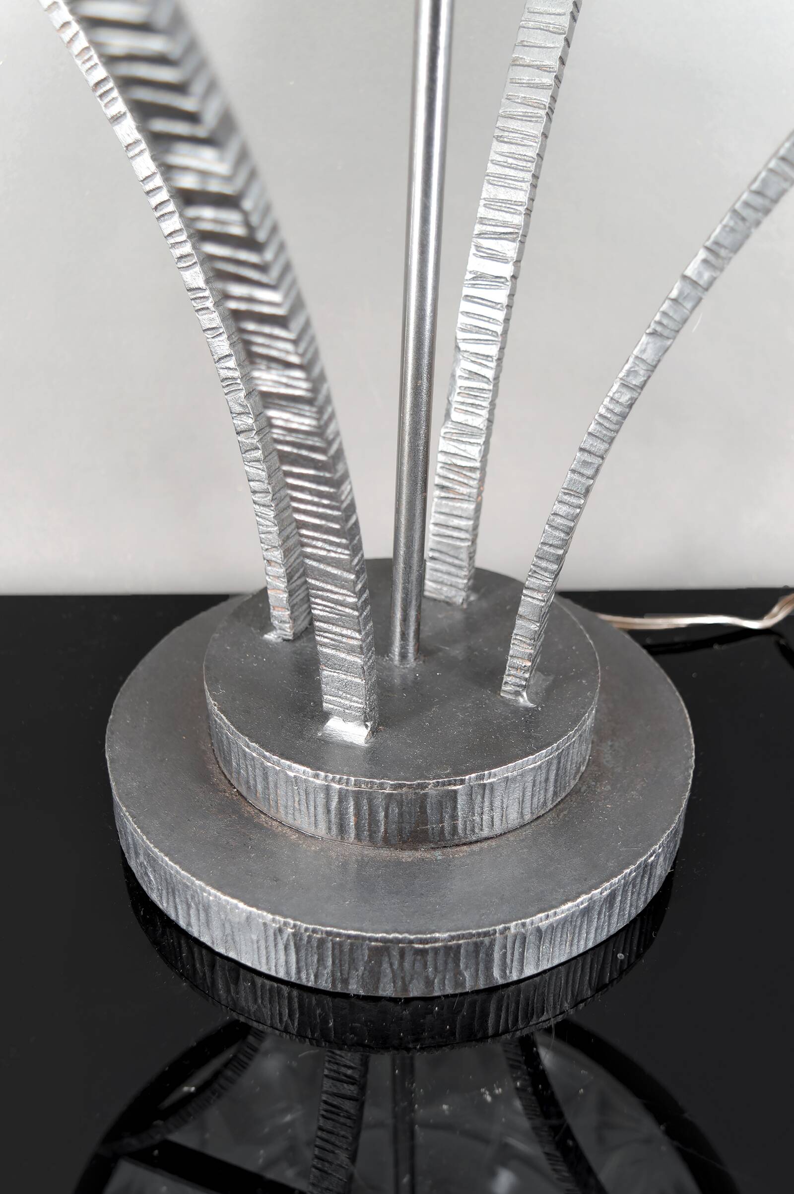 Important Art Deco Wrought Iron Lamp with Starry Glass Dome, c. 1930