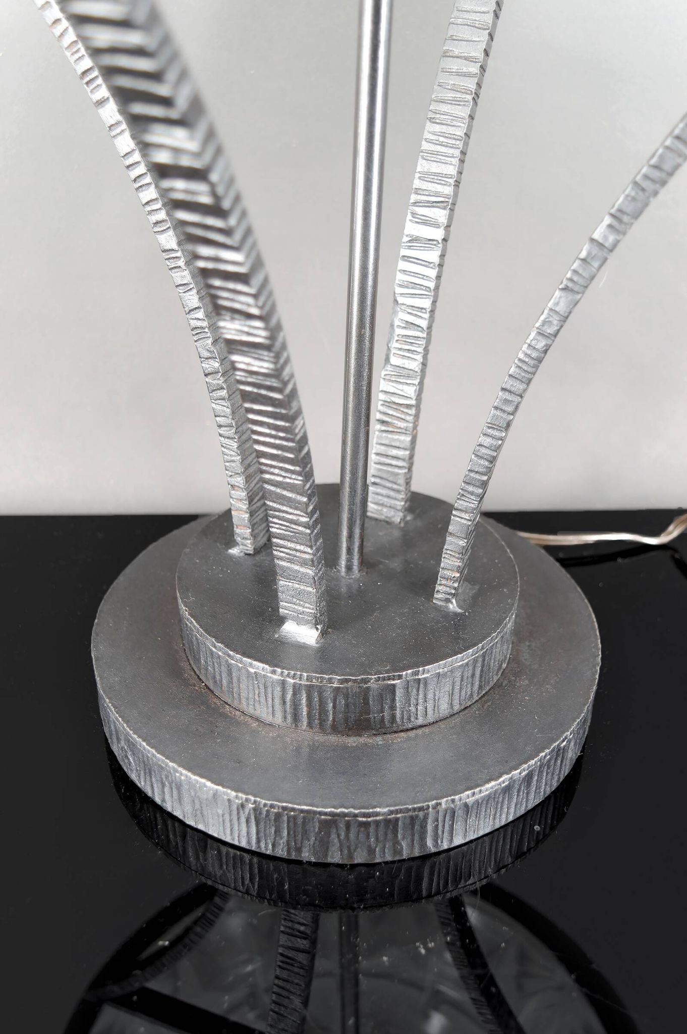 Important Art Deco Wrought Iron Lamp with Starry Glass Dome, c. 1930
