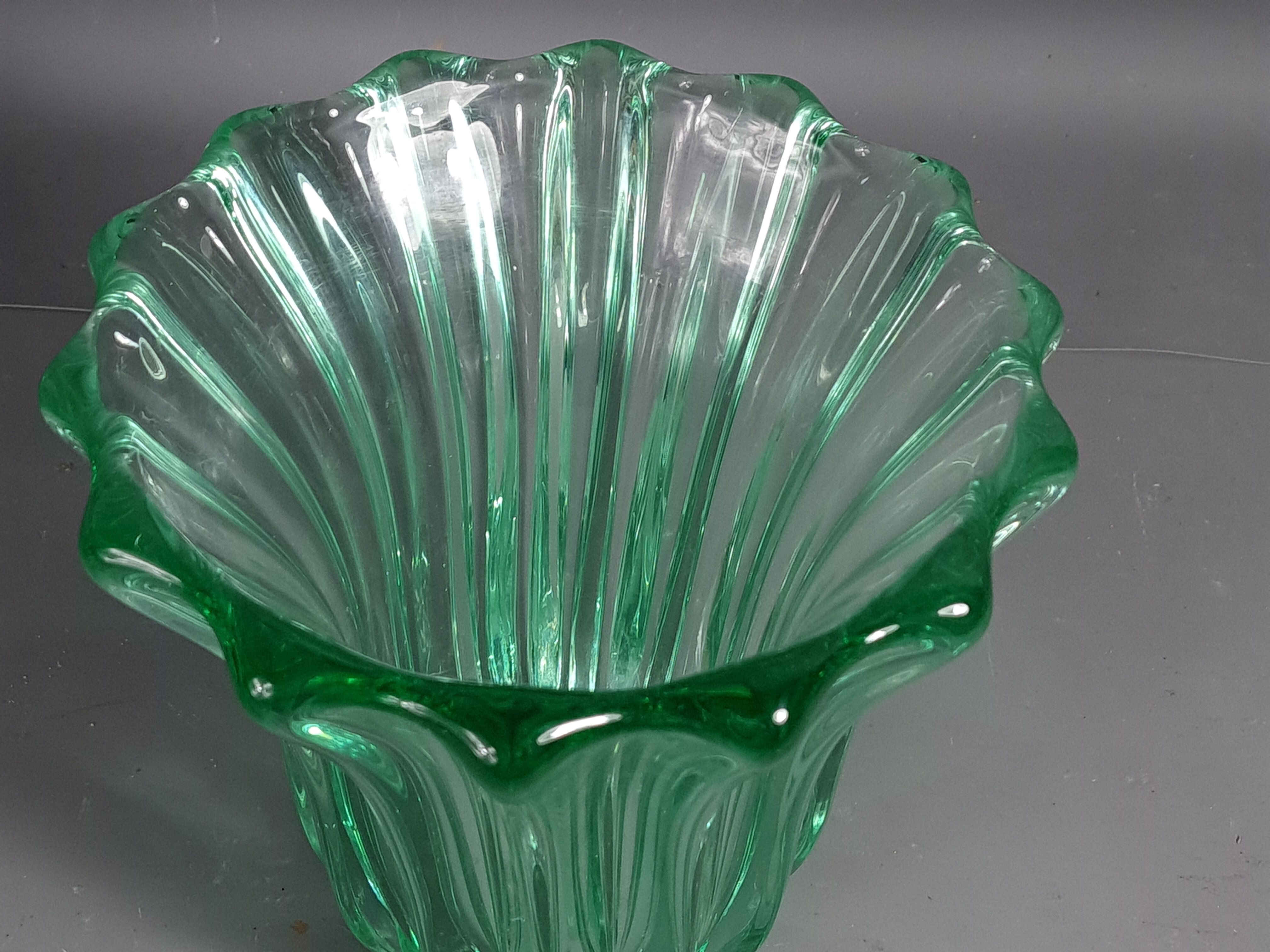 Molded pressed glass vase by Pierre D'Avesn around 1930. Signed