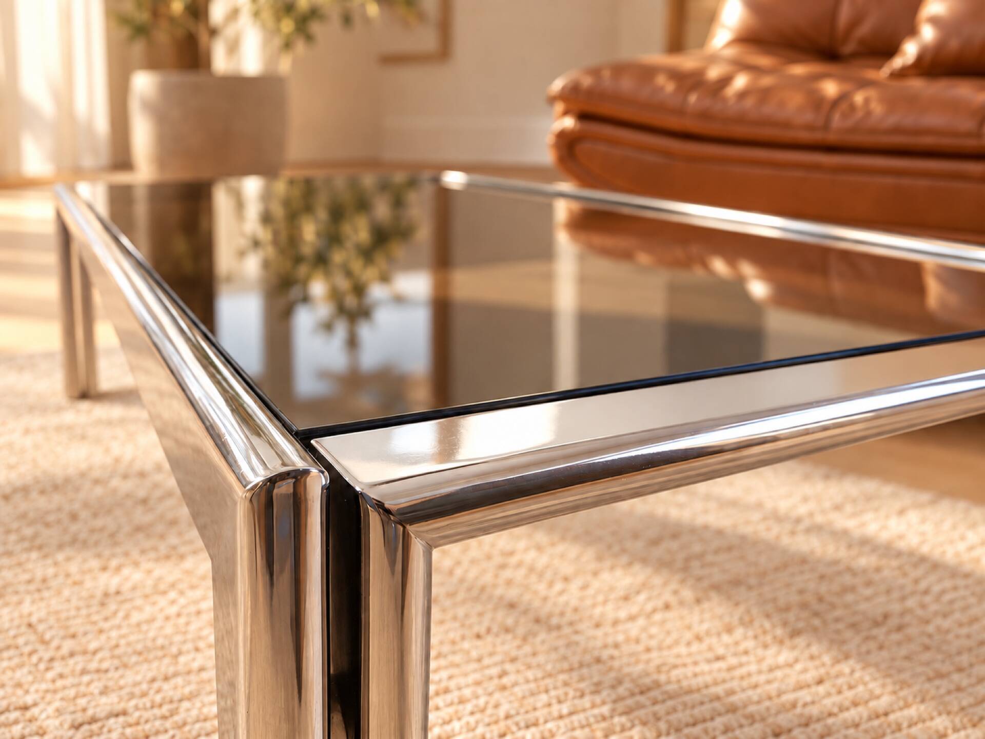 Vintage coffee table in chrome and smoked glass – 1970s/80s