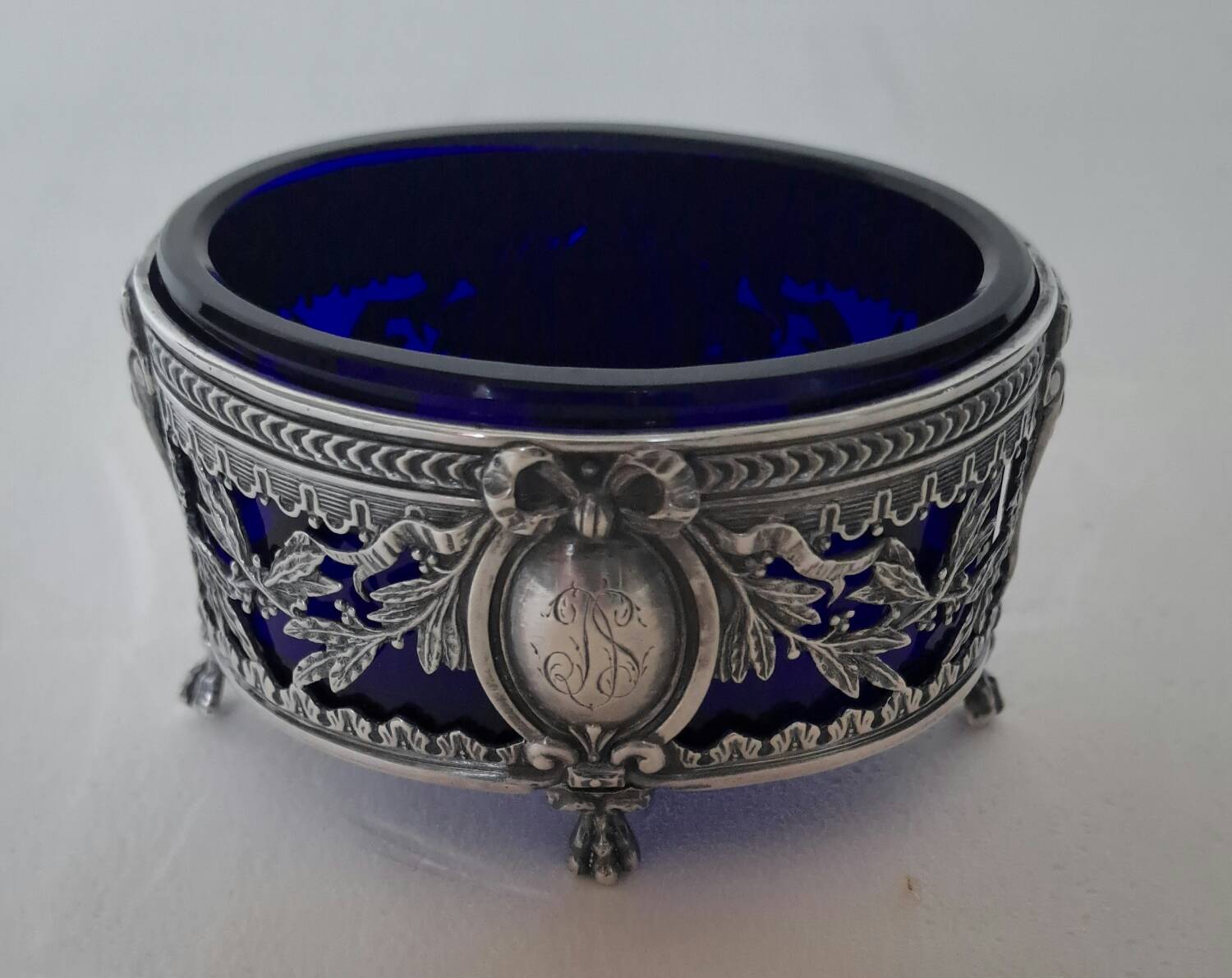 Louis XVI style salt cellar with silver collar mount and blue glass