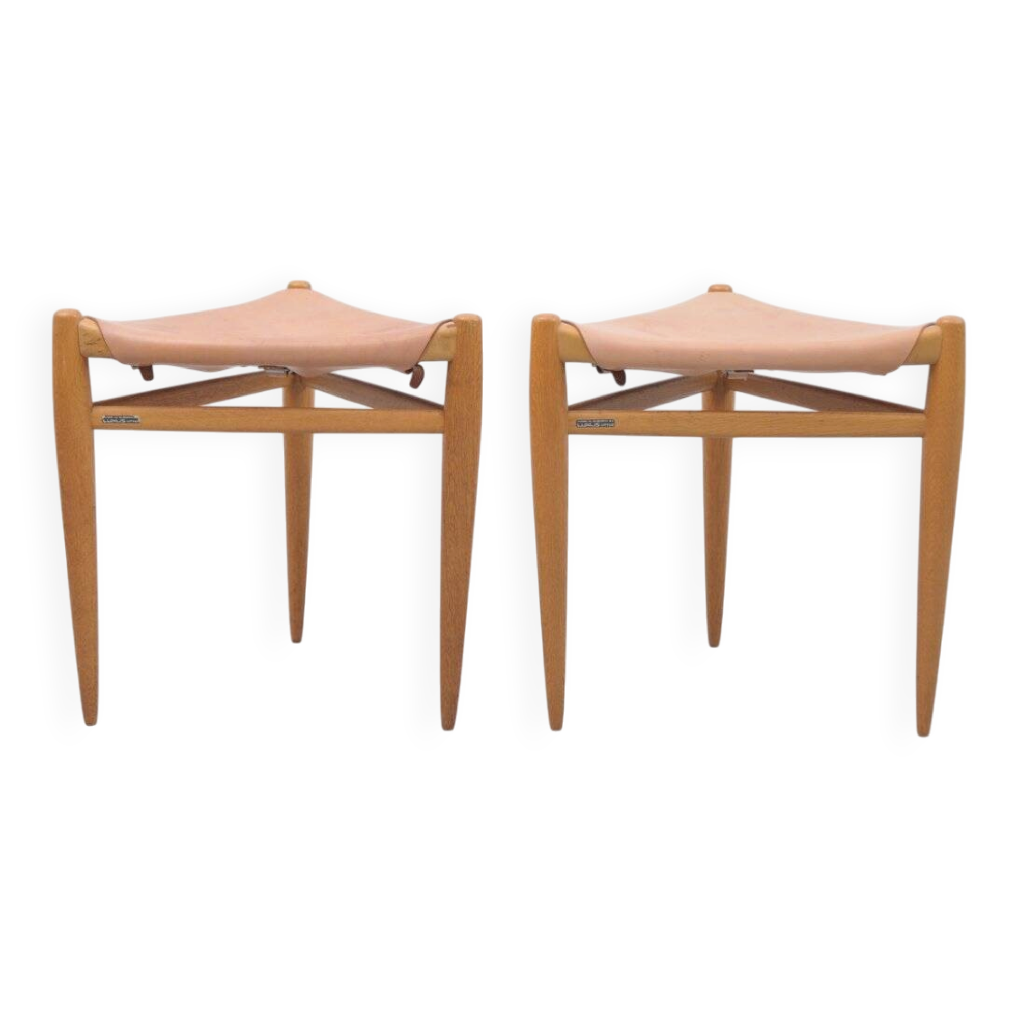 Tripod stools in oak by Uno & Östen Kristiansson for Luxus, 1950s, set of 2