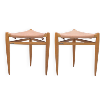 Tripod stools in oak by Uno & Östen Kristiansson for Luxus, 1950s, set of 2