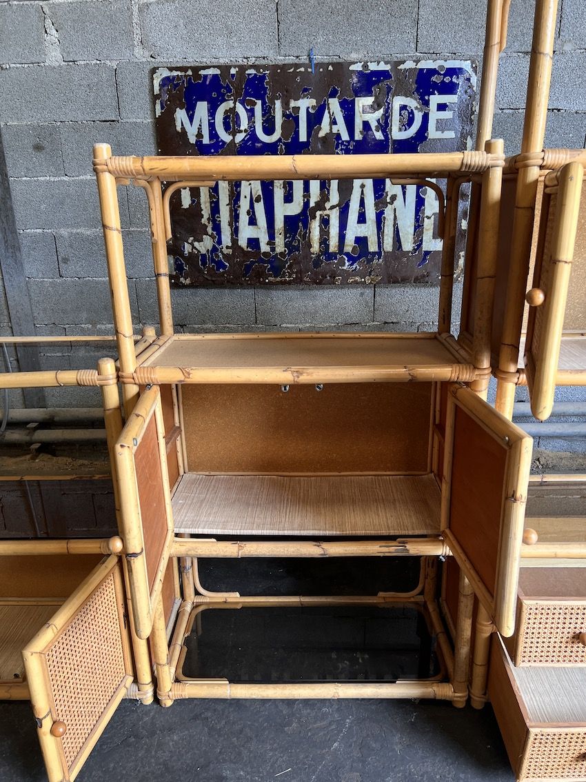 Bookcase, cannage in 3 modules and smoked glass trays - 70s