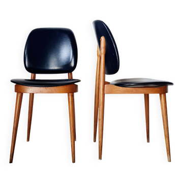 Paire de chaises vintage 1960 – Pieds compas & Simili-cuir noir