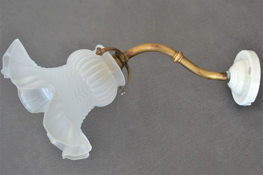 Vintage wall lamp, glass tulip lampshade, brass gooseneck support and blah porcelain