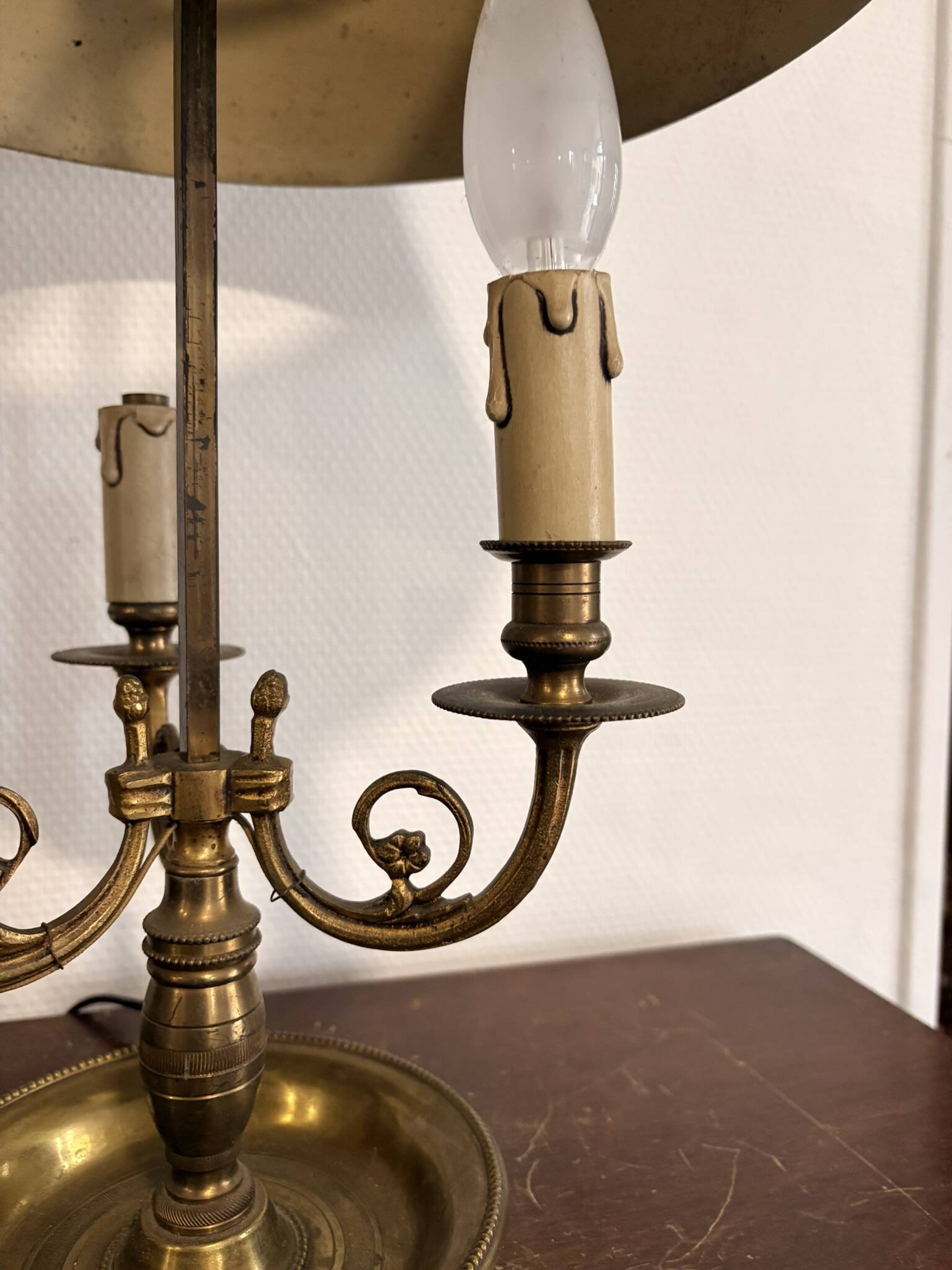 Three-Arm Bouillotte Lamp with Fire Shade, Green Tôle, Empire Directoire