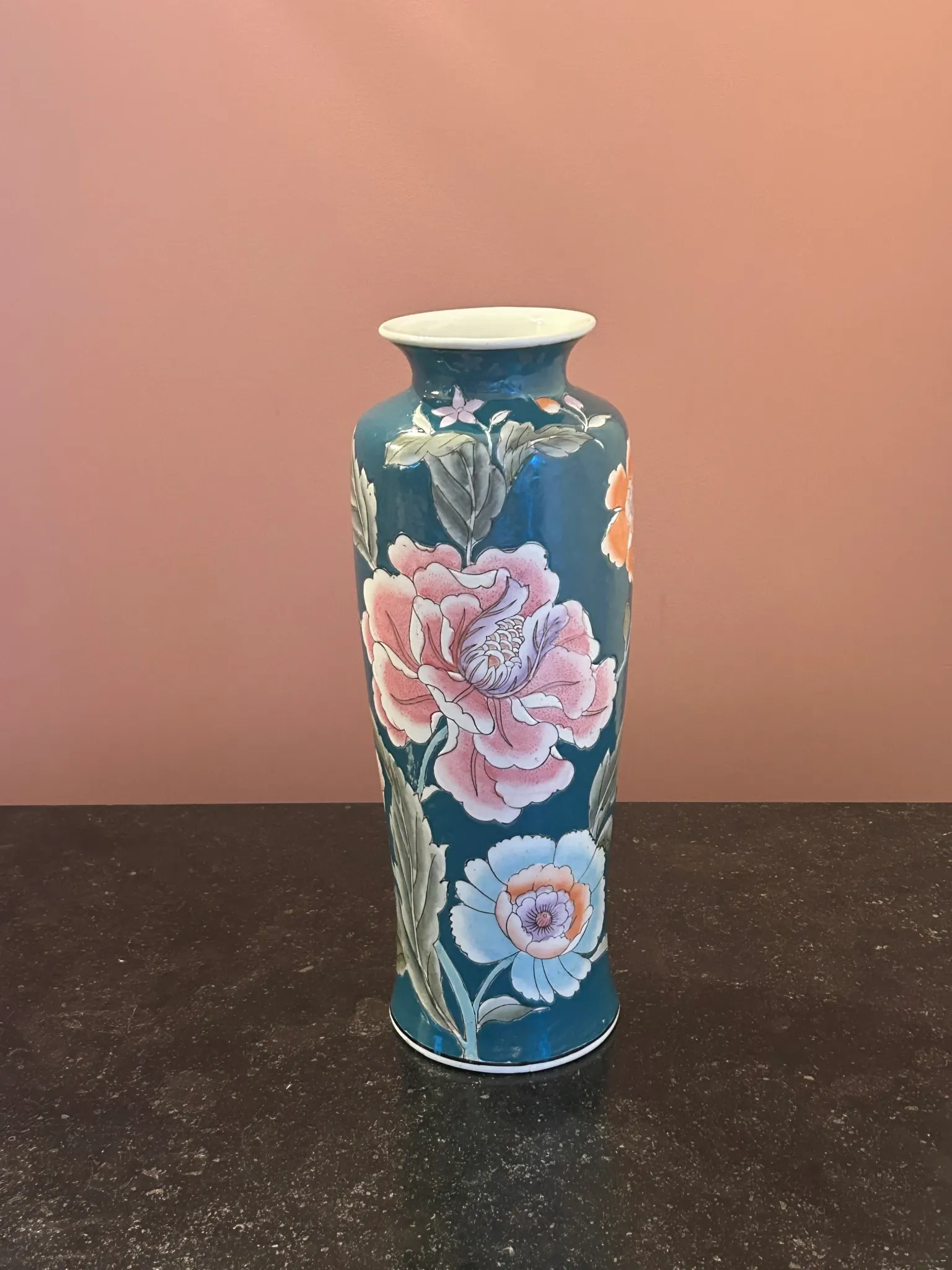 Large duck green ceramic vase with floral decoration - Handmade in Macau