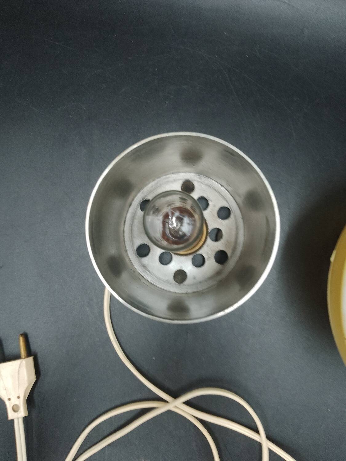 Old candle lamp perfume burner design 1970 in aluminum and pop art glass