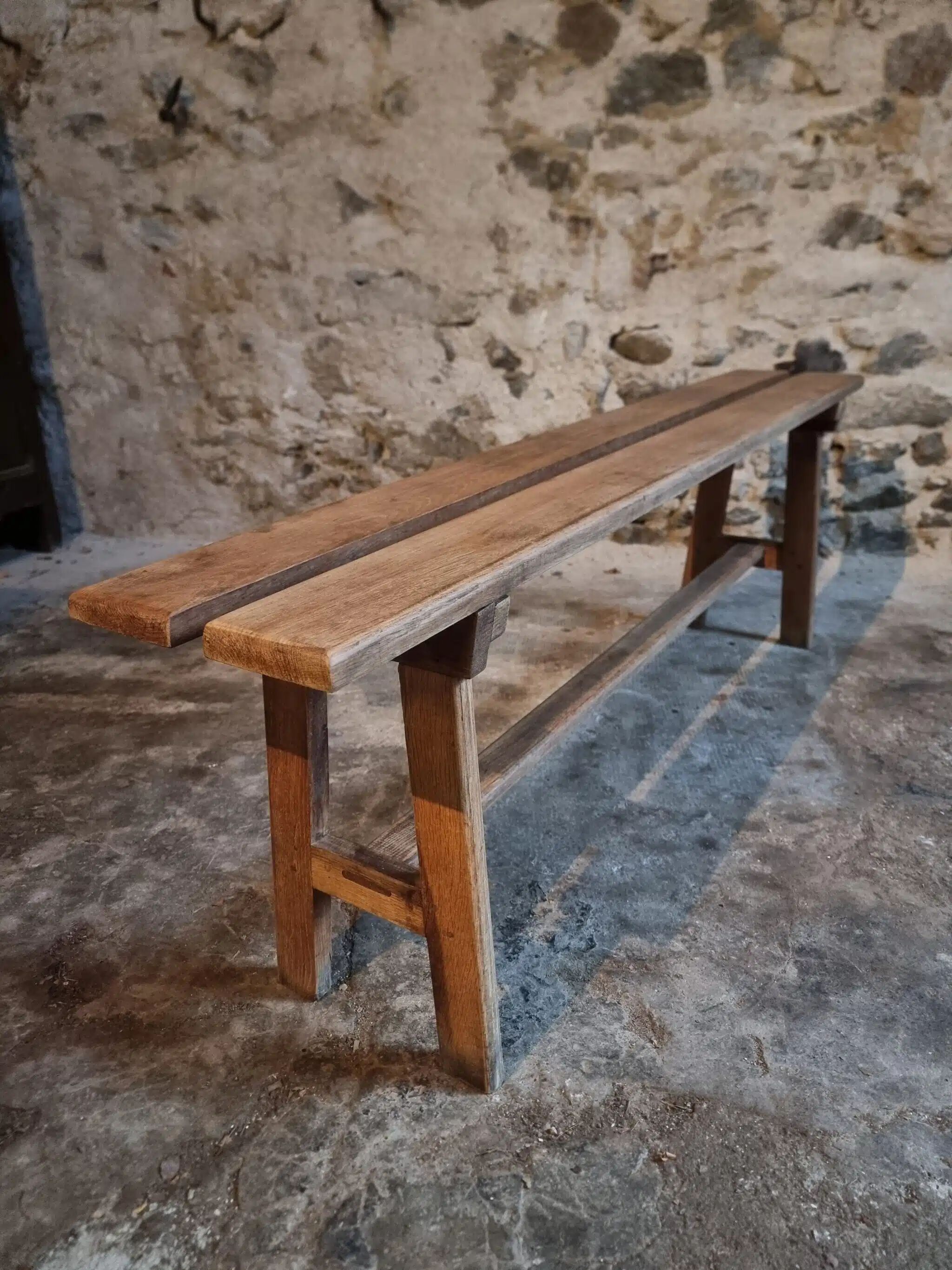 Vintage French oak bench, rustic wooden bench, France 1950s.