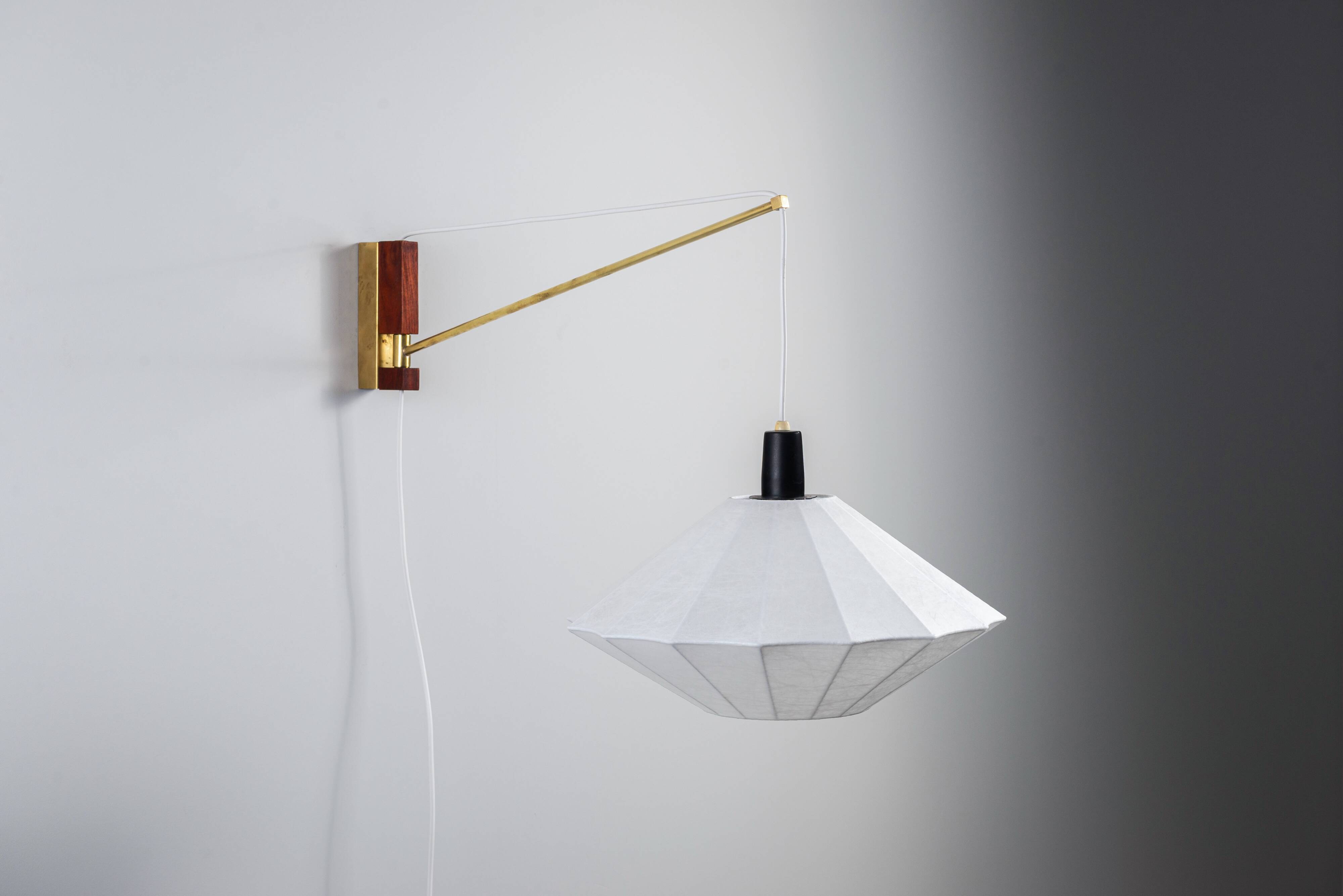 Suspendable wall lamp with brass and wood details