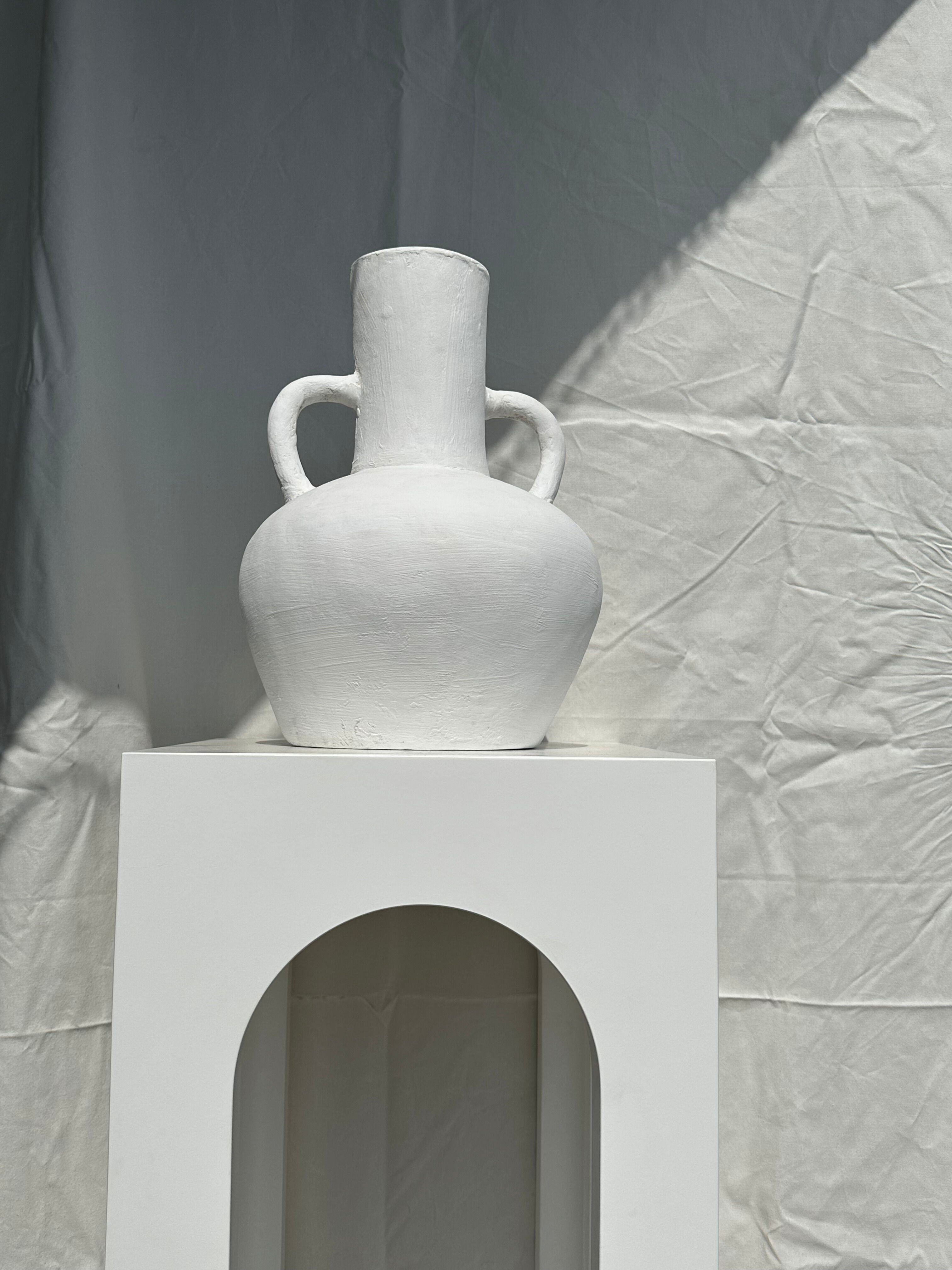 Handcrafted terracotta vase painted white with double handles h:40 d:30