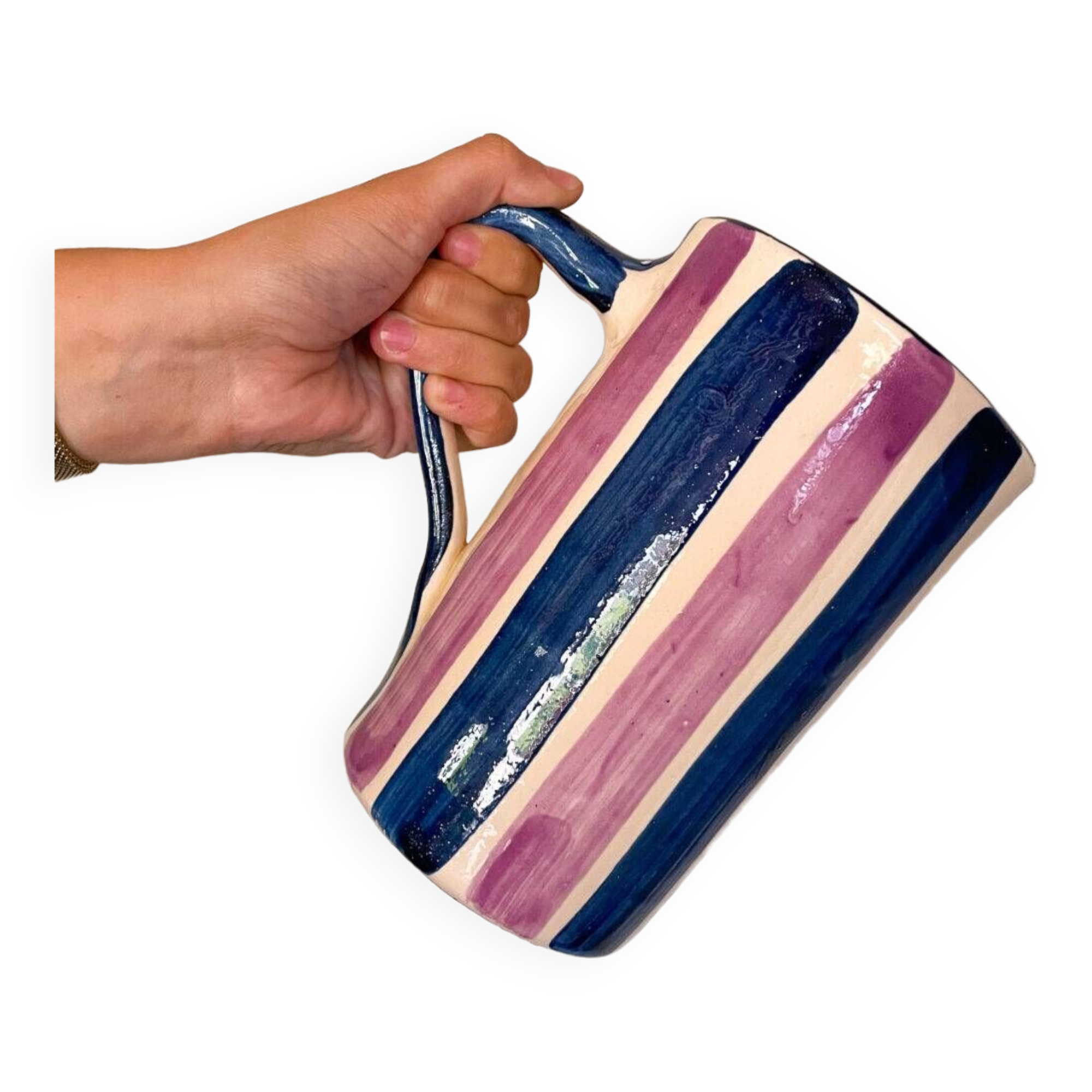 Blue and purple striped ceramic pitcher