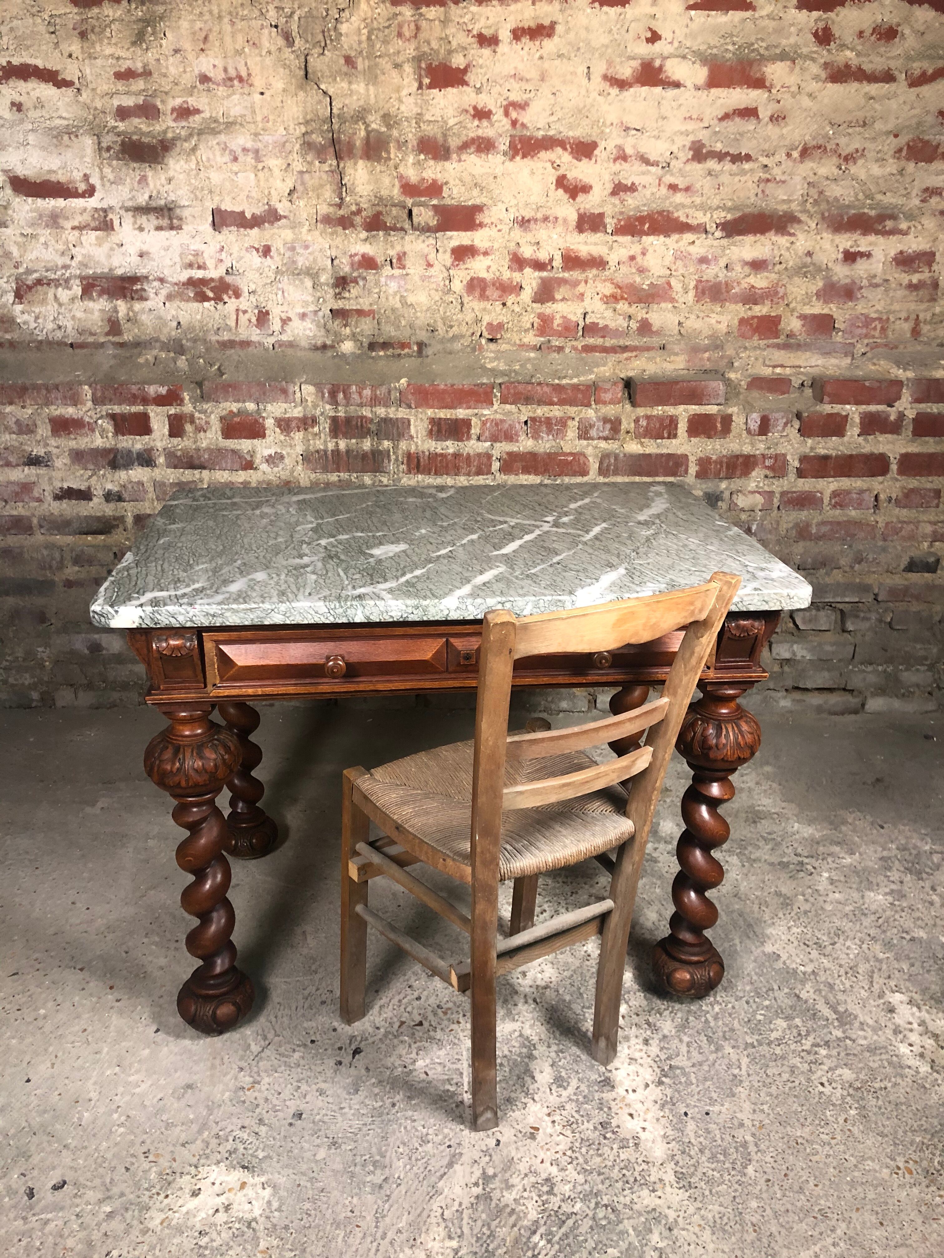 Louis XIII style table desk in oak with marble top