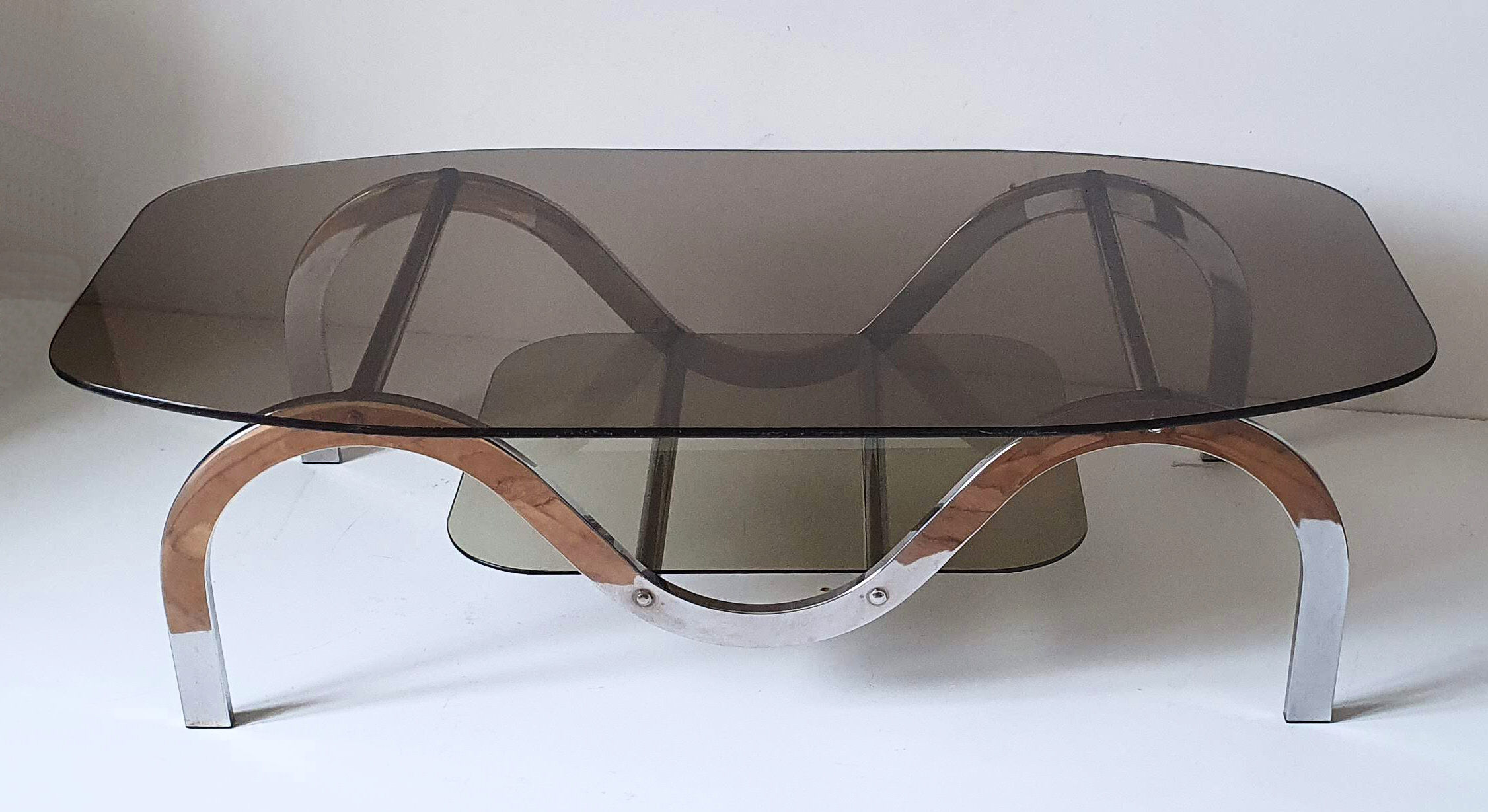 Coffee table chrome metal and smoked glass 70s
