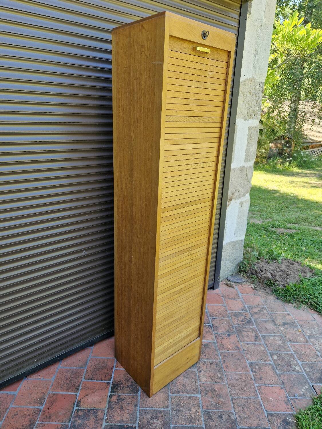 Large vintage 70s wooden curtain filing cabinet